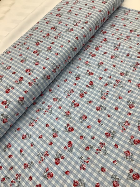 21294 Cotton Blend Blue Rosebud Gingham